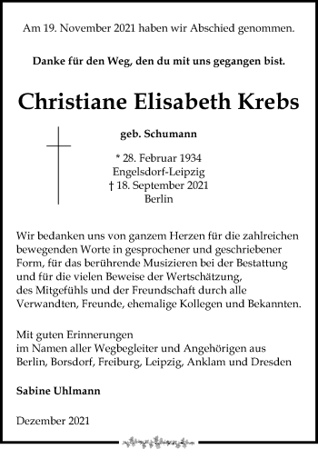 Traueranzeigen Von Christiane Elisabeth Krebs Trauer Anzeigen De