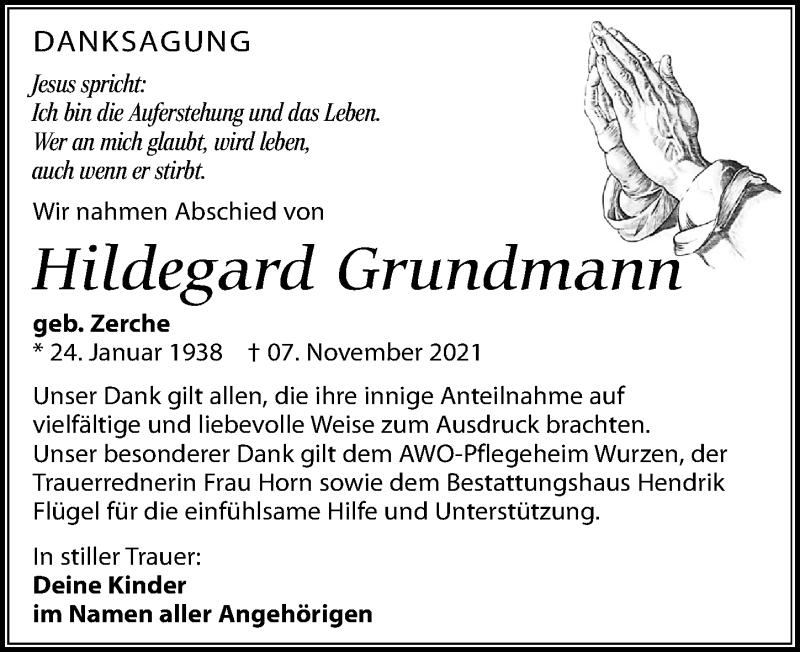 Traueranzeigen Von Hildegard Grundmann Trauer Anzeigen De