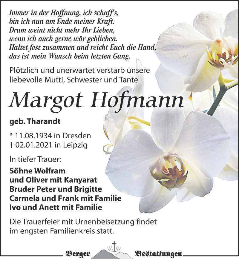 Traueranzeigen Von Margot Hoffmann Trauer Anzeigen De