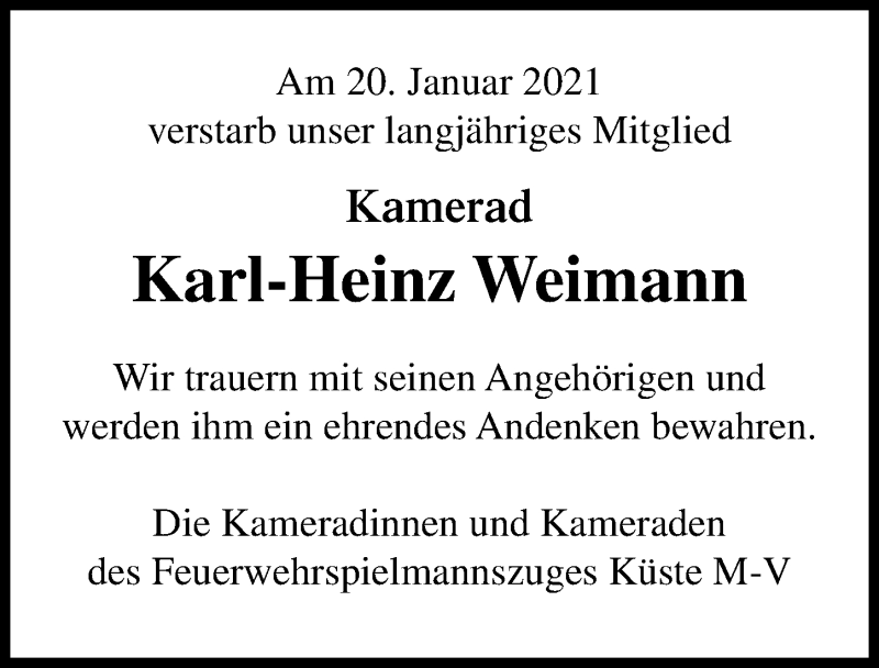 Traueranzeigen Von Karl Heinz Weimann Trauer Anzeigen De