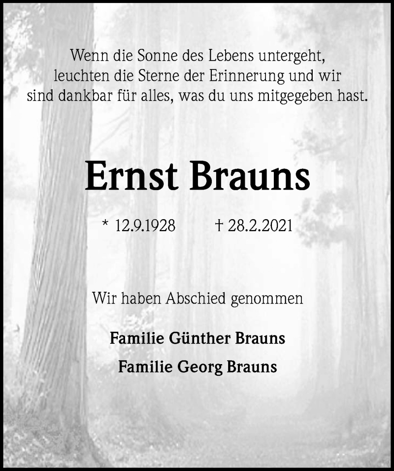 Traueranzeigen Von Ernst Brauns Trauer Anzeigen De