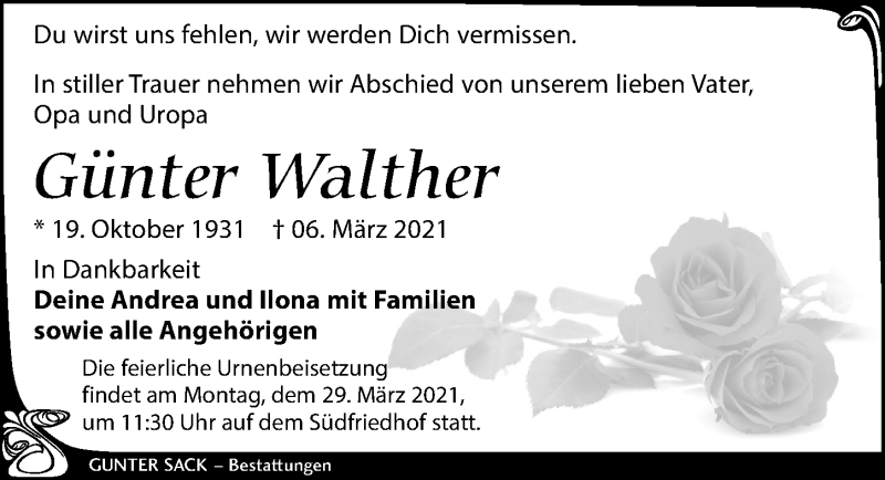 Traueranzeigen Von G Nter Walther Trauer Anzeigen De