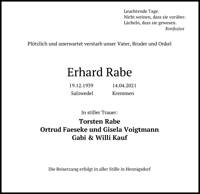 Traueranzeigen Von Erhard Rabe Trauer Anzeigen De