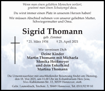 Traueranzeigen Von Sigrid Thomann Trauer Anzeigen De