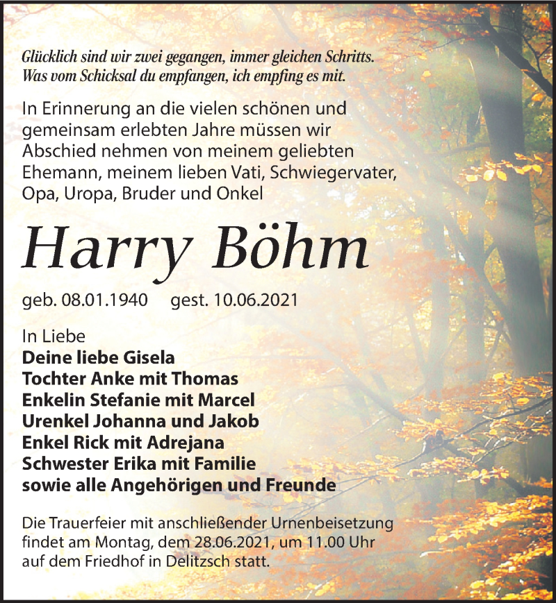 Traueranzeigen von Harry Böhm trauer anzeigen de