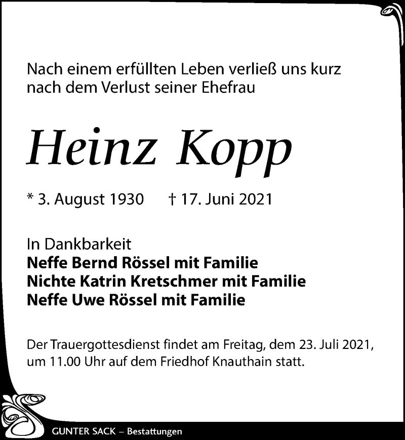 Traueranzeigen Von Heinz Kopp Trauer Anzeigen De