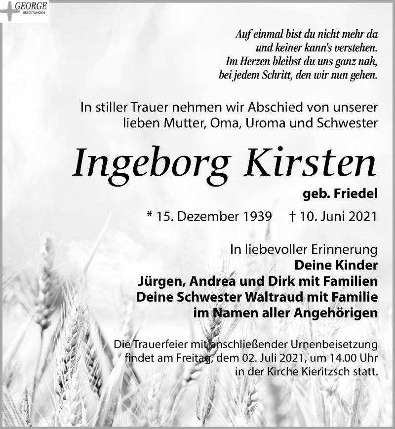 Traueranzeigen Von Ingeborg Kirsten Trauer Anzeigen De