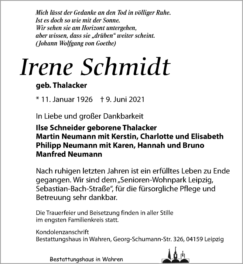 Traueranzeigen Von Irene Schmidt Trauer Anzeigen De