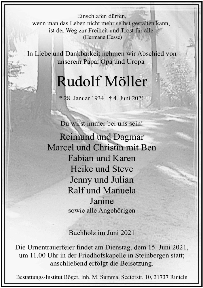 Traueranzeigen von Rudolf Möller trauer anzeigen de