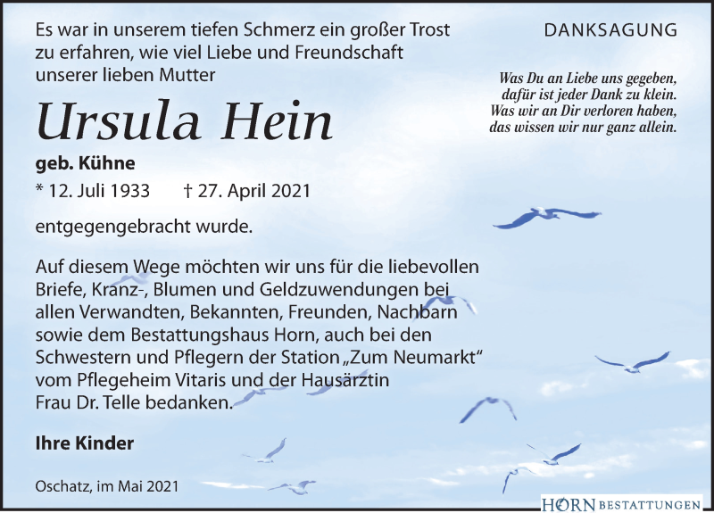 Traueranzeigen Von Ursula Hein Trauer Anzeigen De