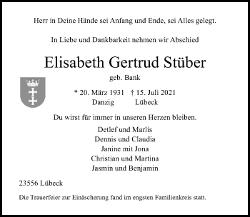 Traueranzeigen Von Elisabeth Gertrud St Ber Trauer Anzeigen De