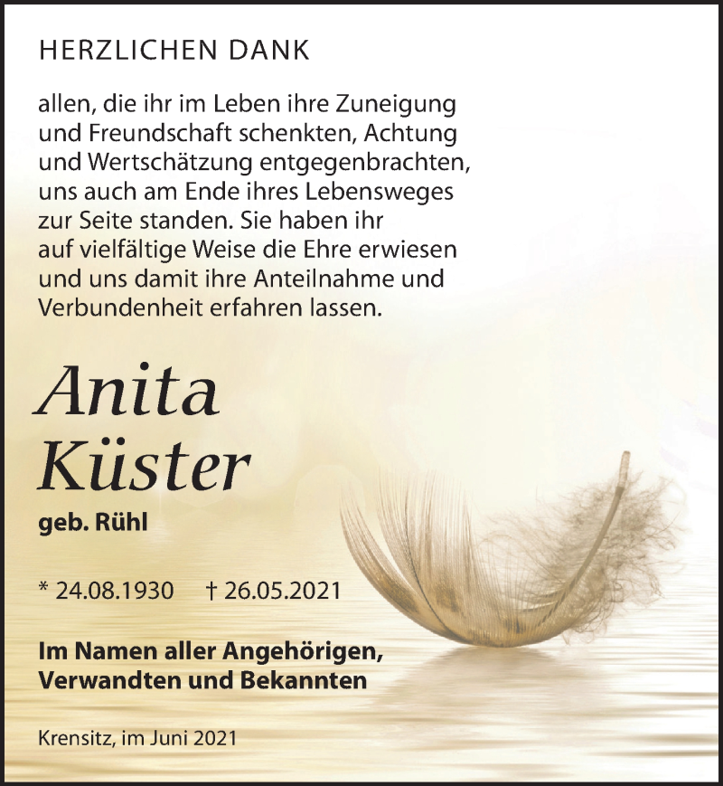 Traueranzeigen von Anita Küster trauer anzeigen de