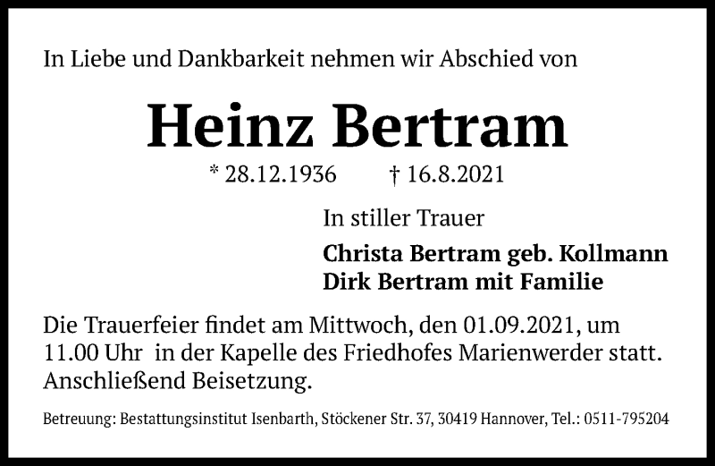 Traueranzeigen Von Heinz Bertram Trauer Anzeigen De