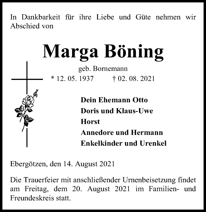 Traueranzeigen von Marga Böning trauer anzeigen de