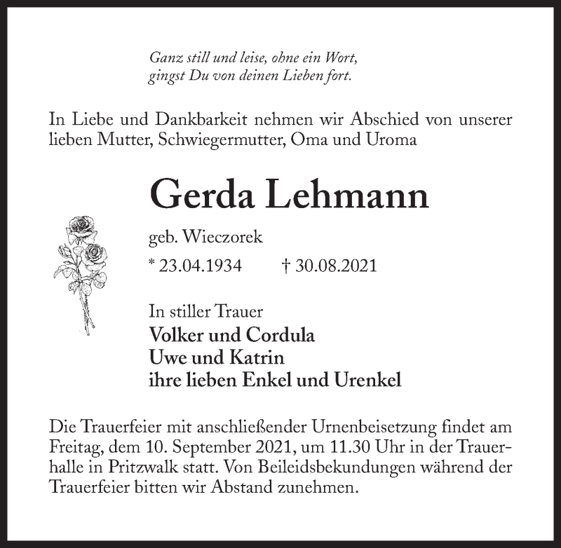 Traueranzeigen Von Gerda Lehmann Trauer Anzeigen De