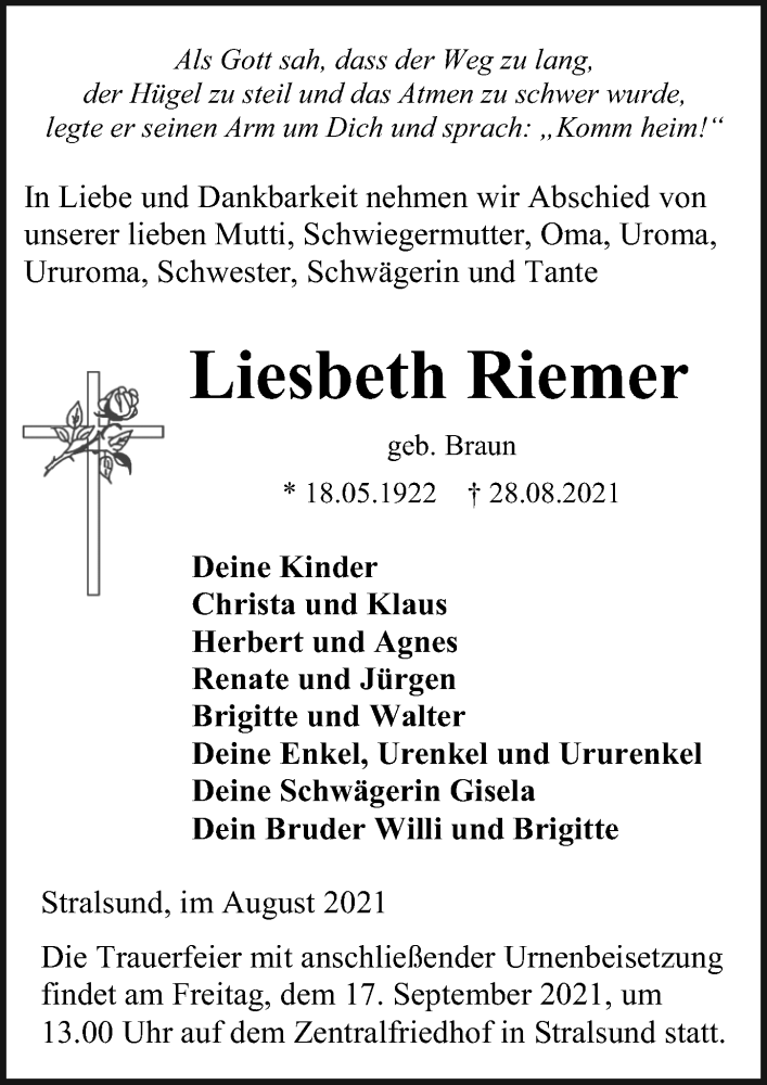 Traueranzeigen Von Liesbeth Riemer Trauer Anzeigen De