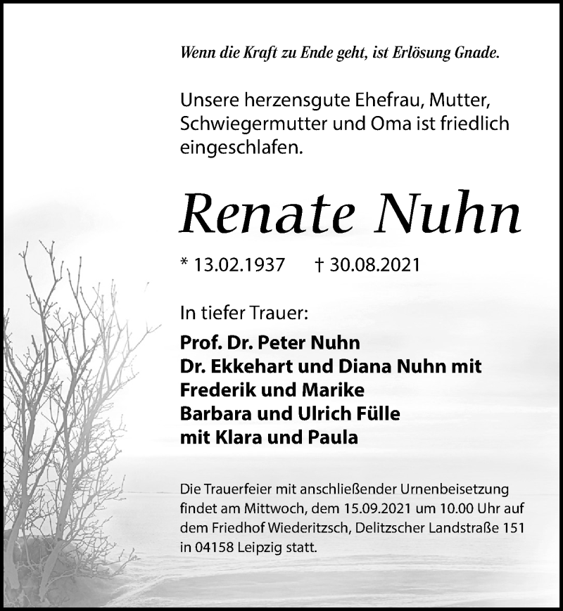 Traueranzeigen Von Renate Nuhn Trauer Anzeigen De