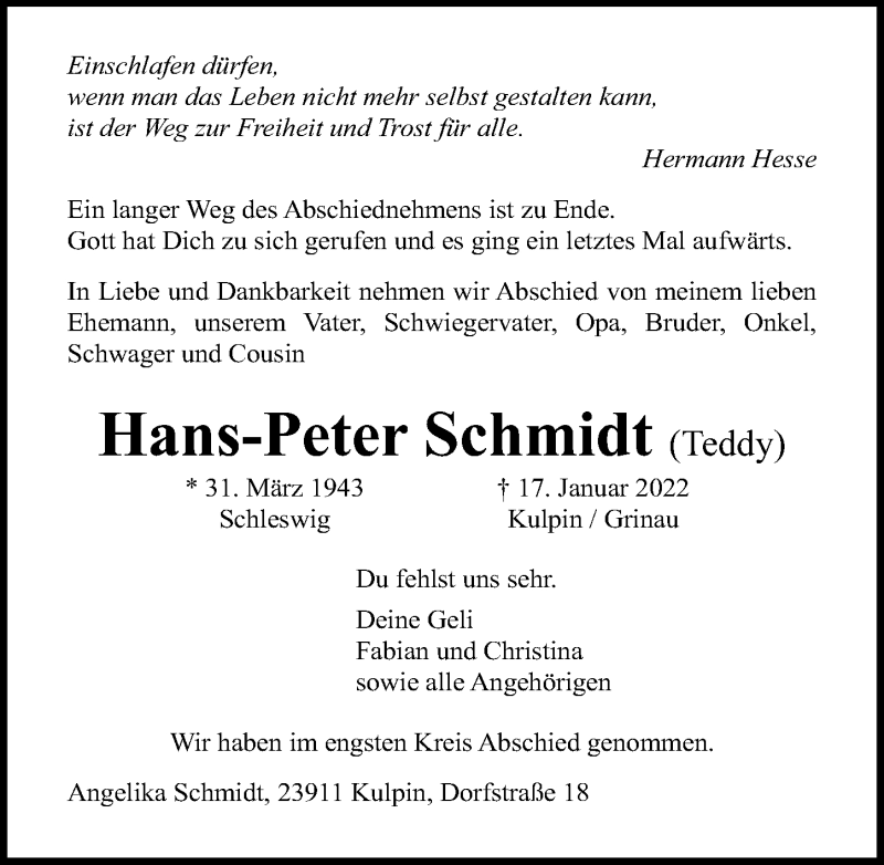 Traueranzeigen Von Hans Peter Schmidt Trauer Anzeigen De