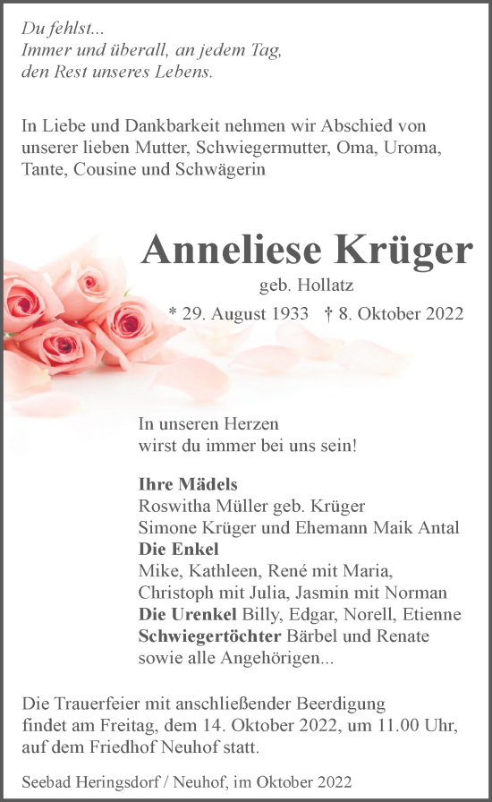 Traueranzeigen Von Anneliese Kr Ger Trauer Anzeigen De