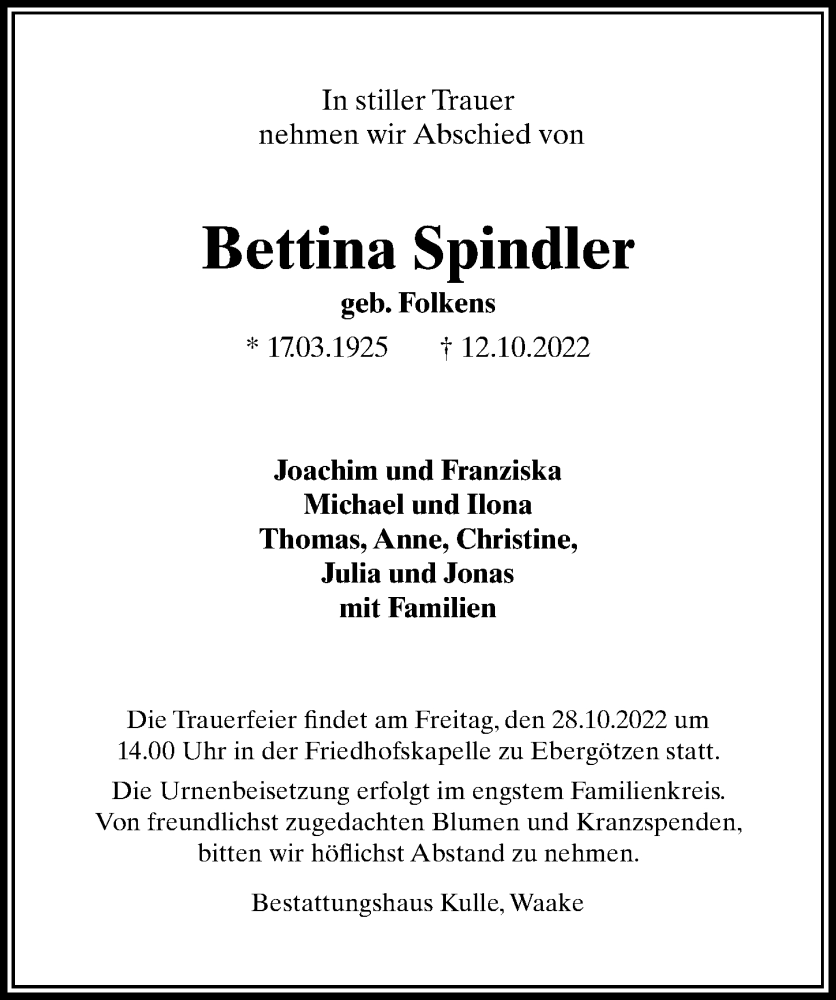 Traueranzeigen Von Bettina Spindler Trauer Anzeigen De