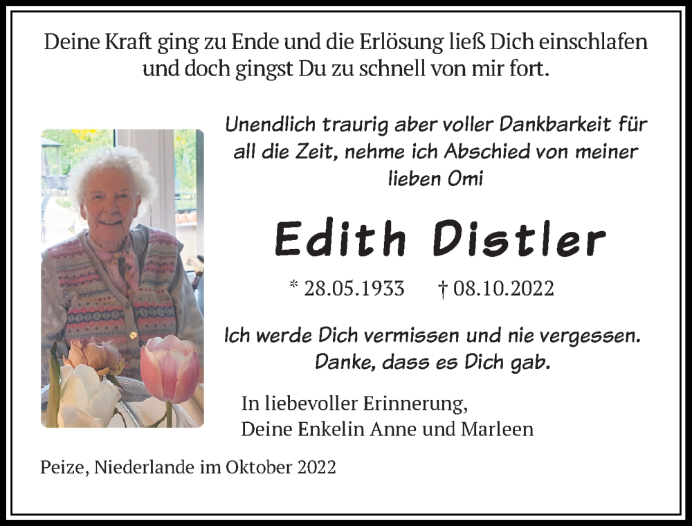 Traueranzeigen Von Edith Distler Trauer Anzeigen De