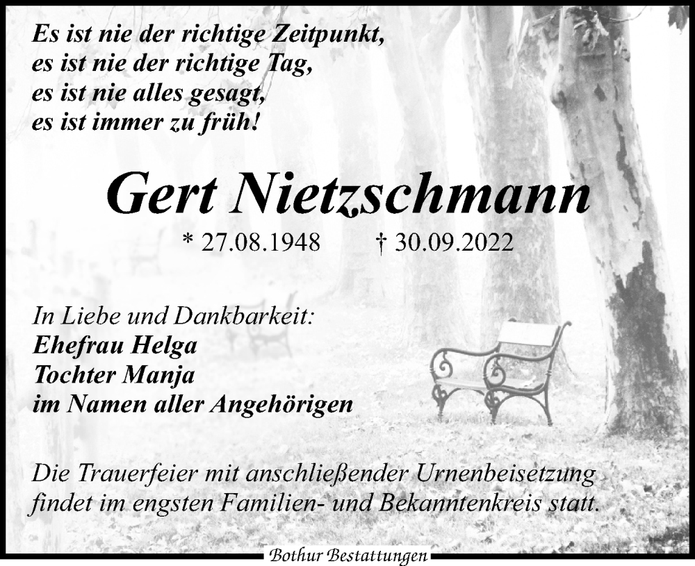 Traueranzeigen Von Gert Nietzschmann Trauer Anzeigen De