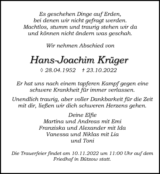 Traueranzeigen von Hans Joachim Krüger trauer anzeigen de