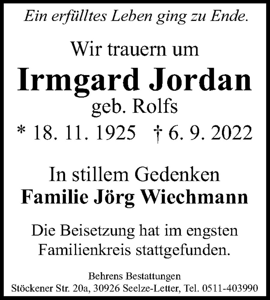 Traueranzeigen Von Irmgard Jordan Trauer Anzeigen De