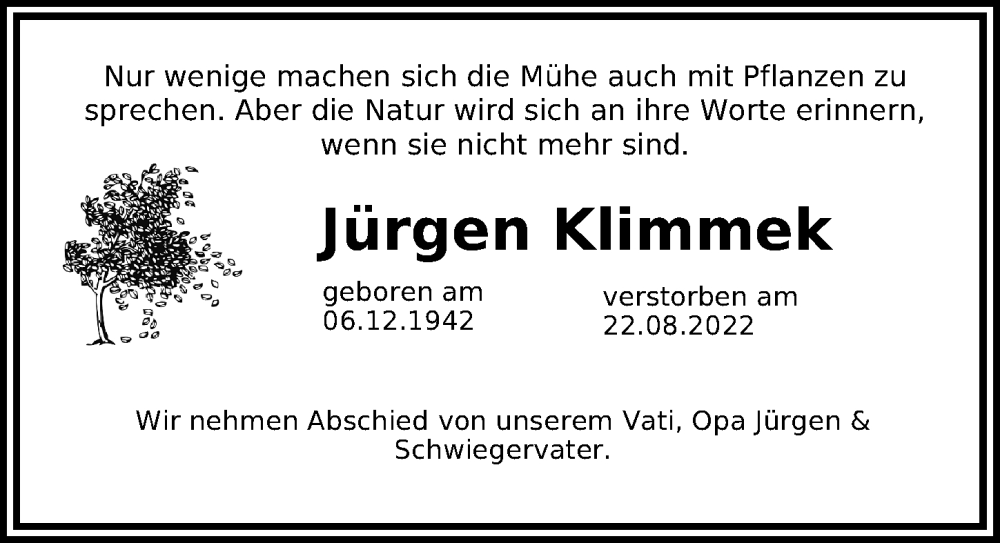 Traueranzeigen Von J Rgen Klimmek Trauer Anzeigen De