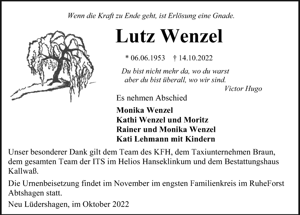 Traueranzeigen Von Lutz Wenzel Trauer Anzeigen De