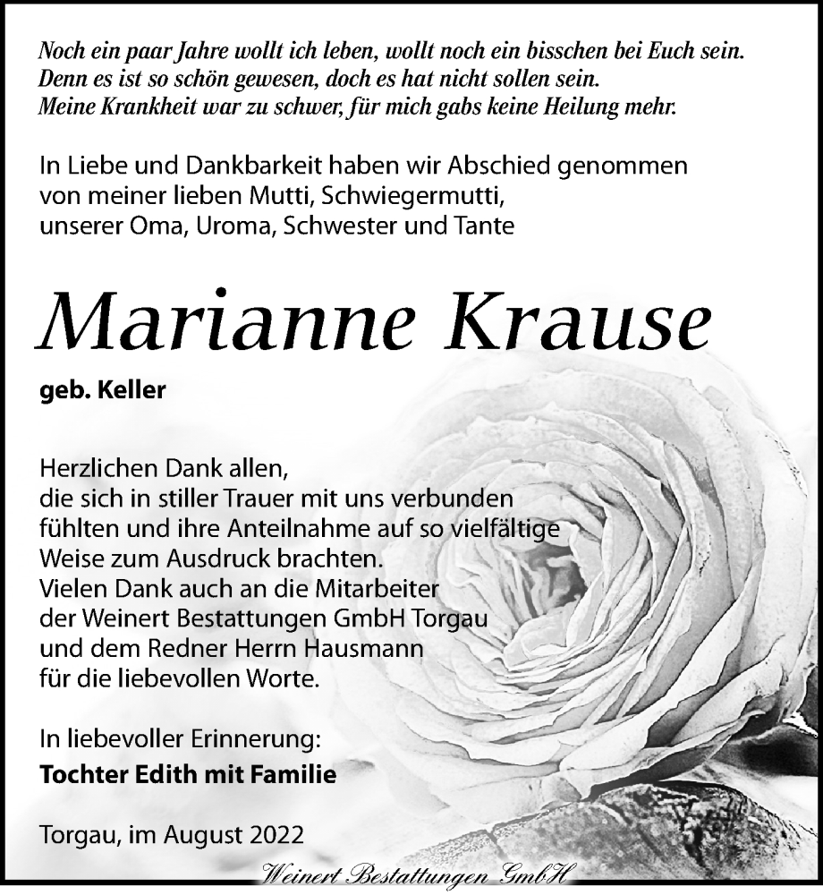 Traueranzeigen Von Marianne Krause Trauer Anzeigen De