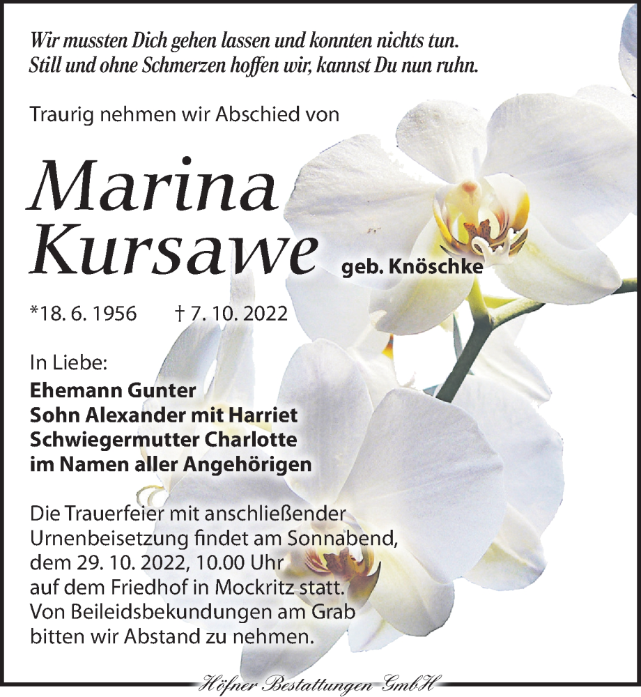 Traueranzeigen Von Marina Kursawe Trauer Anzeigen De