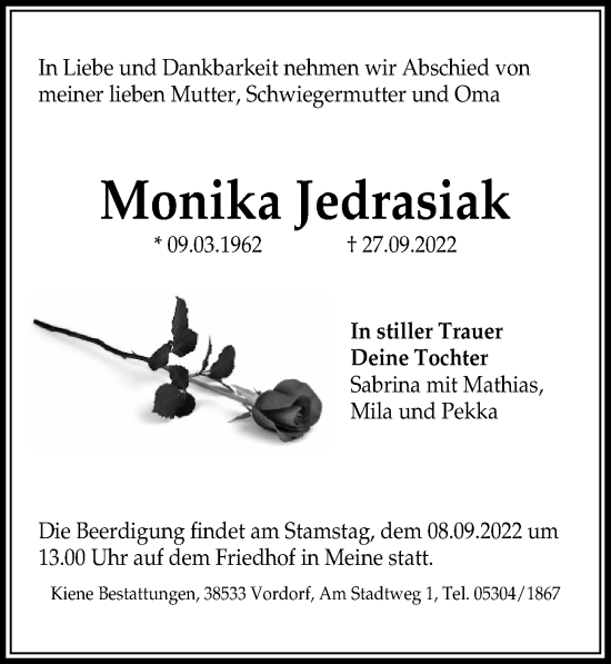 Traueranzeigen Von Monika Jedrasiak Trauer Anzeigen De