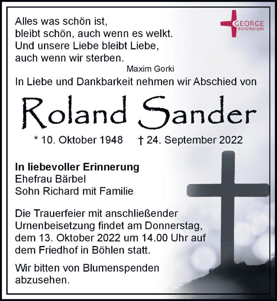 Traueranzeigen Von Roland Sander Trauer Anzeigen De