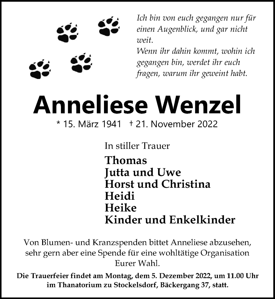 Traueranzeigen Von Anneliese Wenzel Trauer Anzeigen De