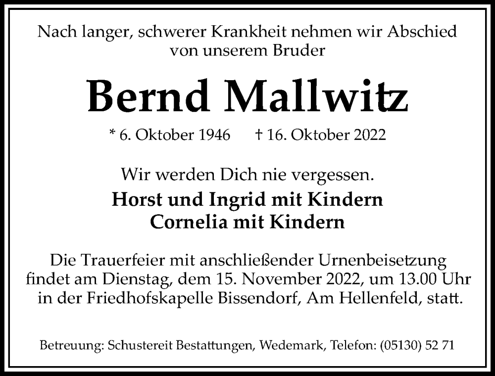 Traueranzeigen Von Bernd Mallwitz Trauer Anzeigen De