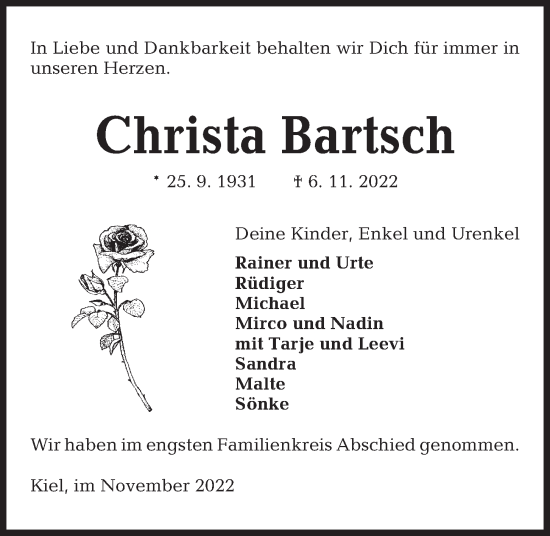 Traueranzeigen Von Christa Bartsch Trauer Anzeigen De