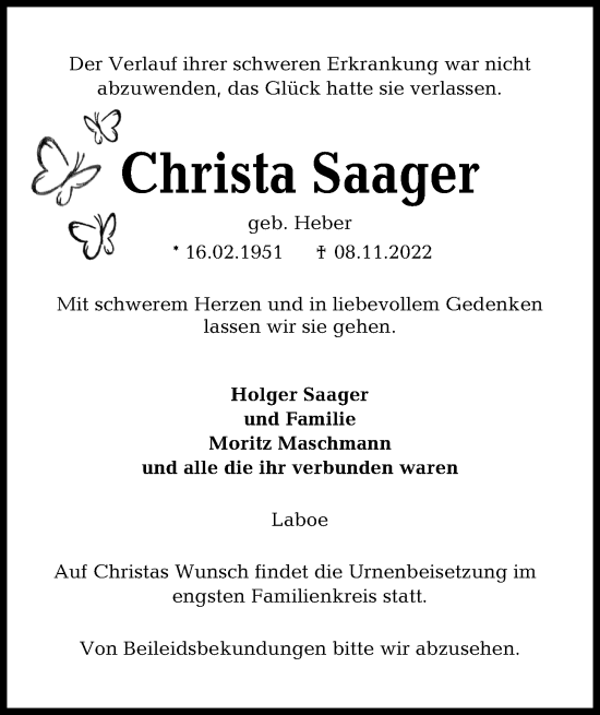 Traueranzeigen Von Christa Saager Trauer Anzeigen De