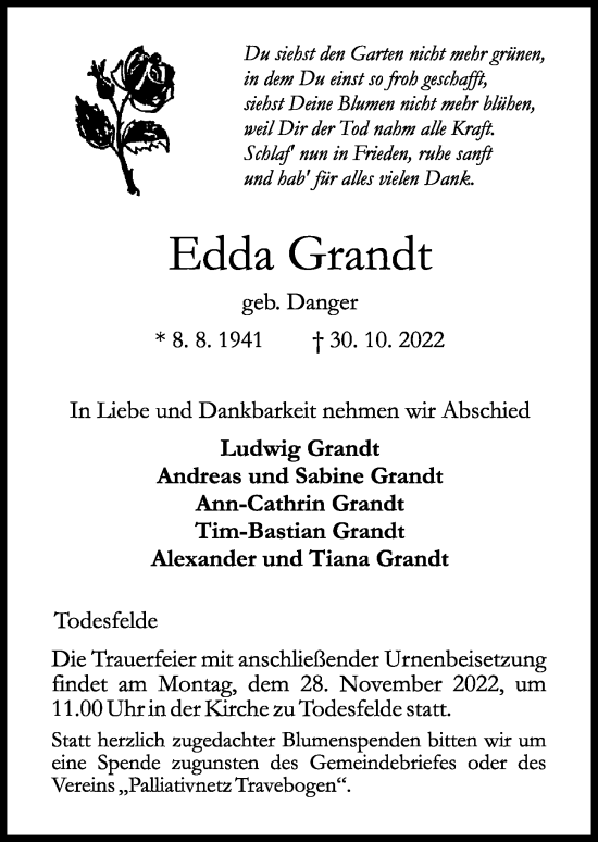 Traueranzeigen Von Edda Grandt Trauer Anzeigen De