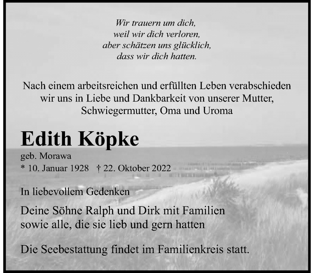 Traueranzeigen Von Edith K Pke Trauer Anzeigen De