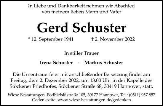 Traueranzeigen Von Gerd Schuster Trauer Anzeigen De