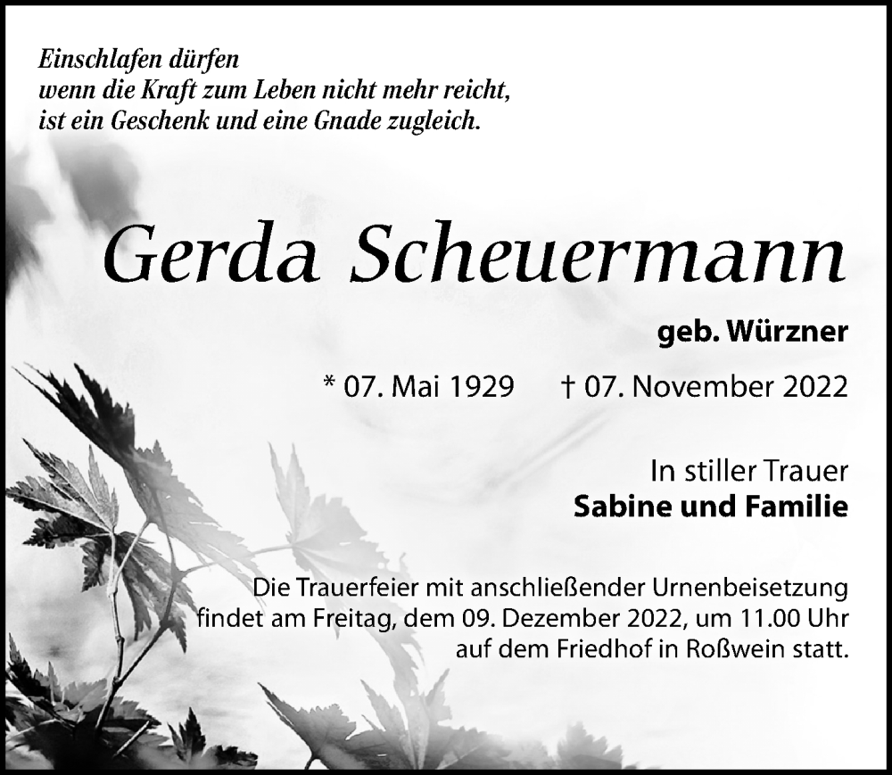 Traueranzeigen Von Gerda Scheuermann Trauer Anzeigen De