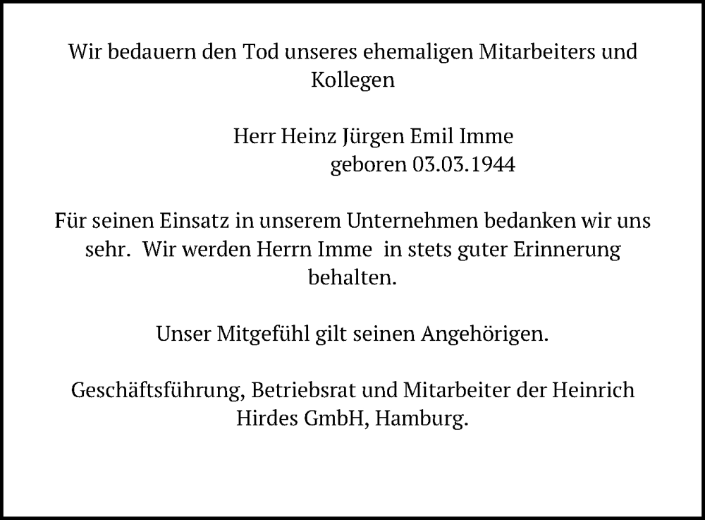 Traueranzeigen von Heinz Jürgen Emil Imme trauer anzeigen de