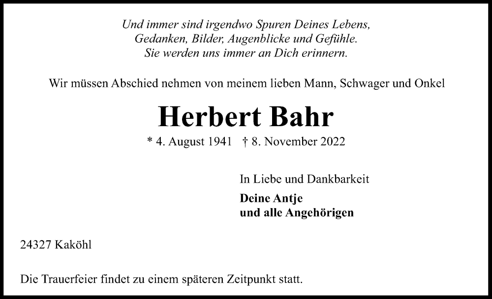 Traueranzeigen Von Herbert Bahr Trauer Anzeigen De