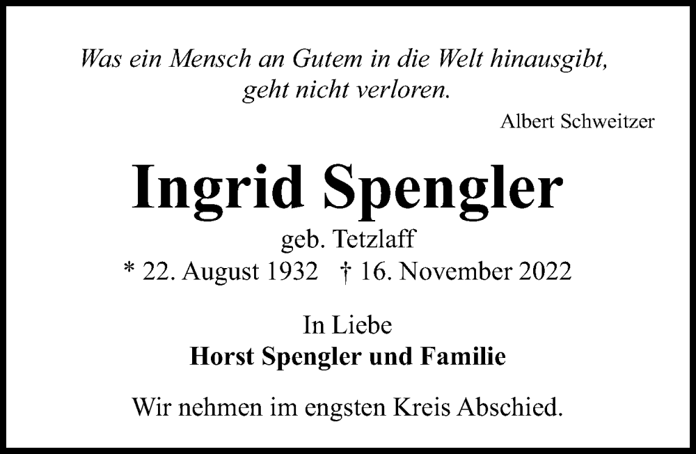 Traueranzeigen Von Ingrid Spengler Trauer Anzeigen De