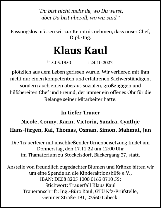 Traueranzeigen Von Klaus Kaul Trauer Anzeigen De