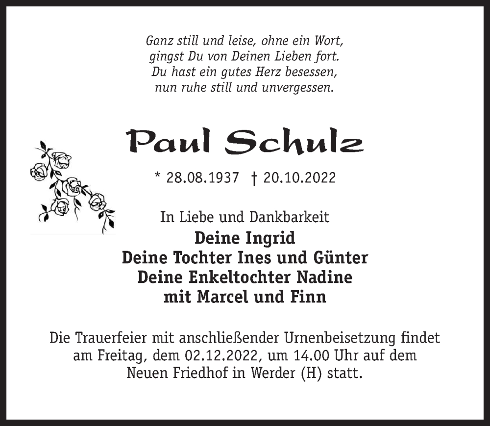 Traueranzeigen Von Paul Schulz Trauer Anzeigen De