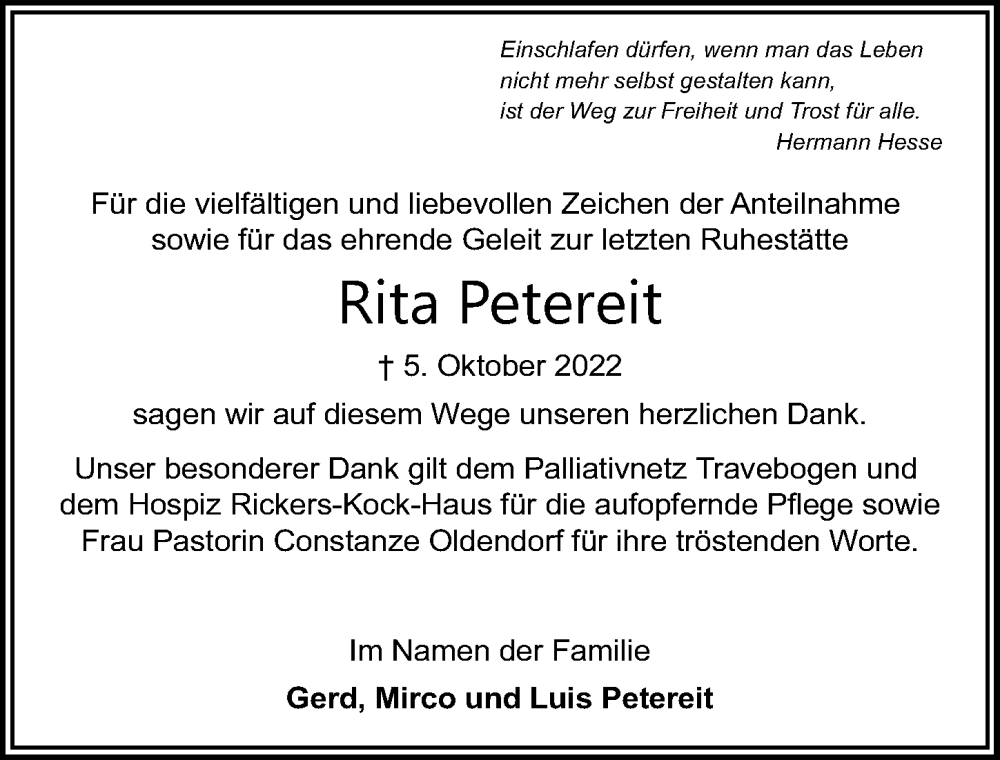 Traueranzeigen Von Rita Petereit Trauer Anzeigen De