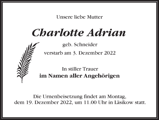 Traueranzeigen Von Charlotte Adrian Trauer Anzeigen De