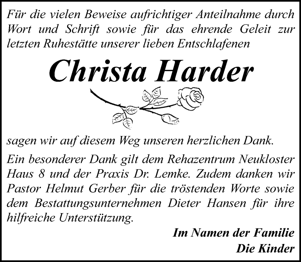 Traueranzeigen Von Christa Harder Trauer Anzeigen De